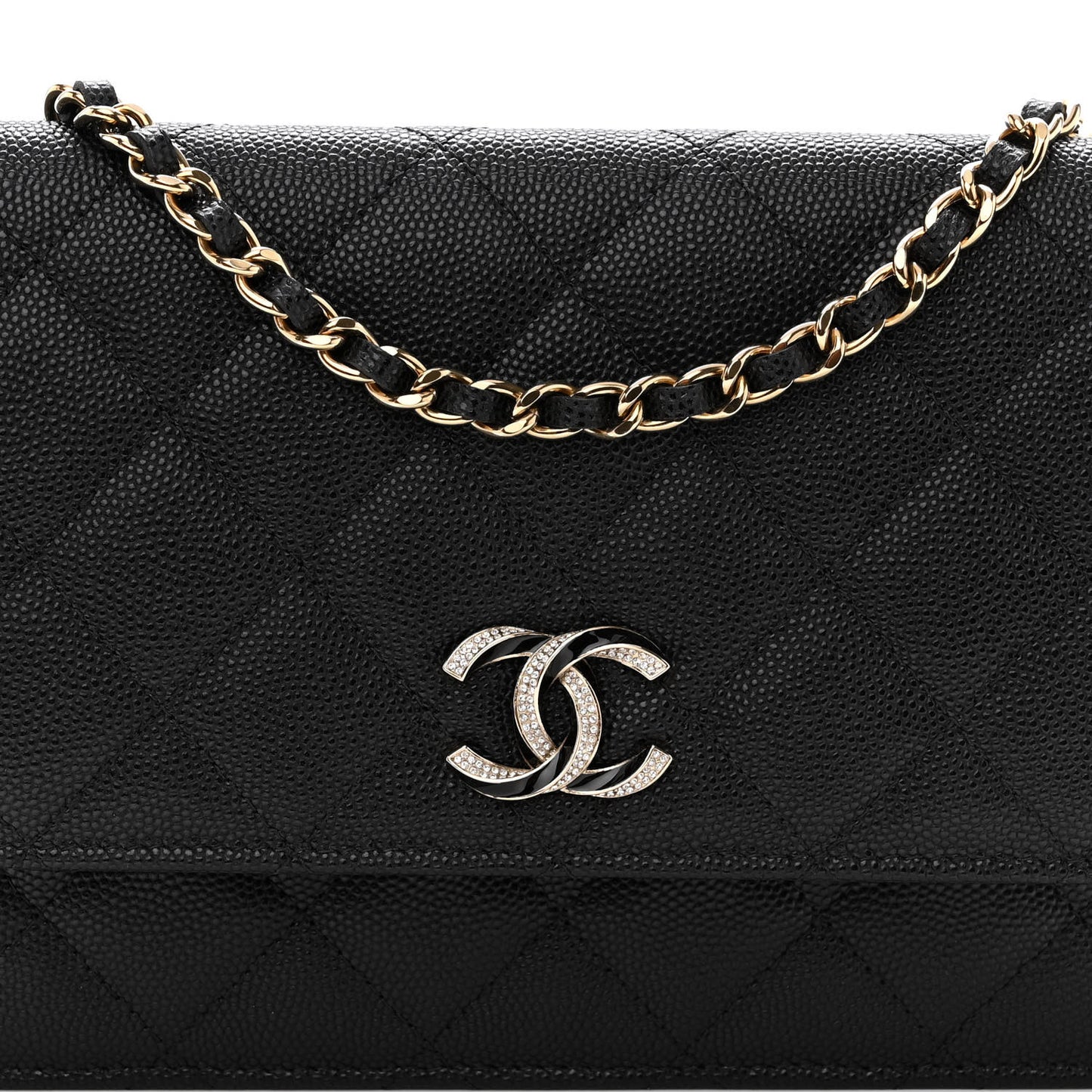 Caviar Quilted Crystal Enamel CC Wallet On Chain WOC Black