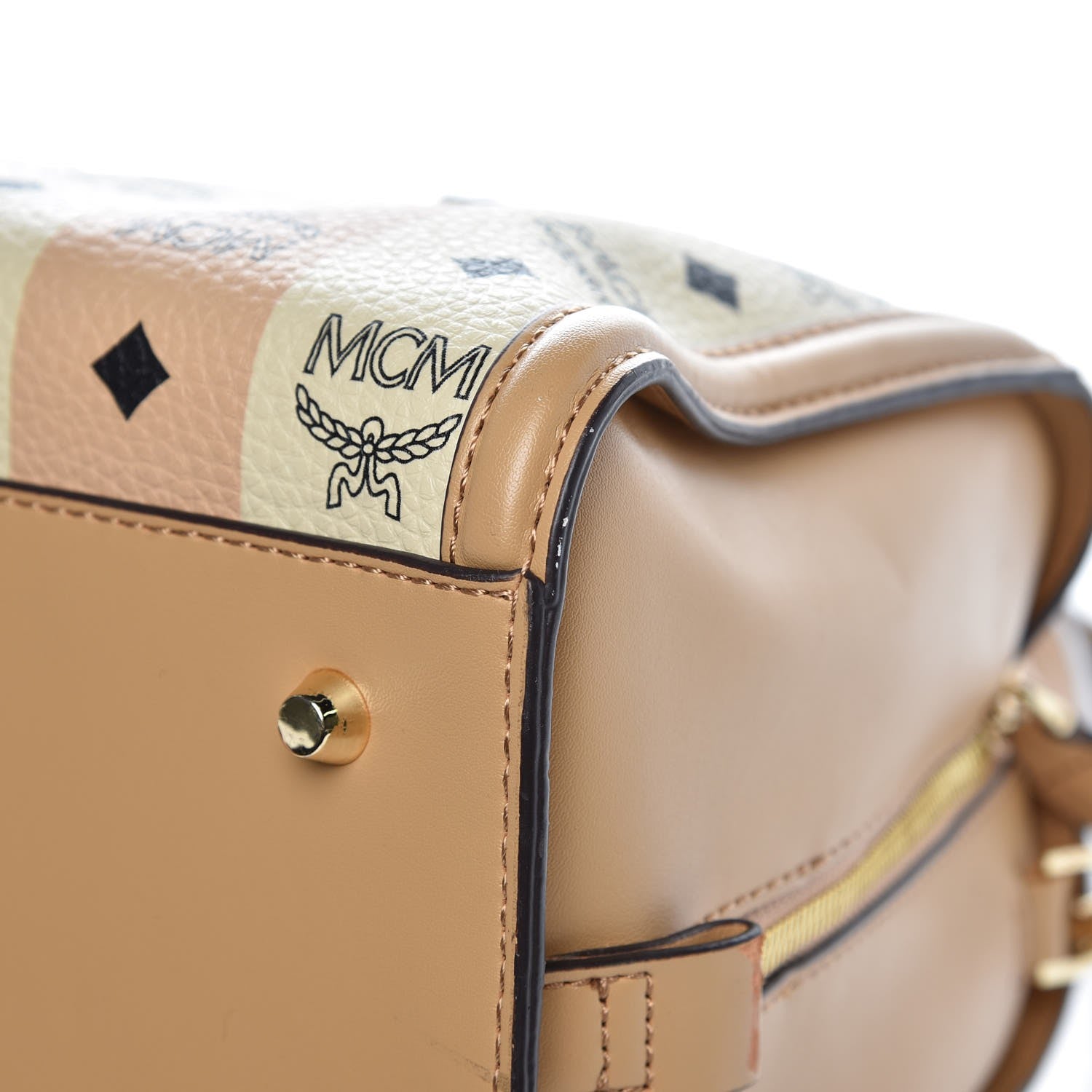 MCM Striped Visetos Top Handle Satchel Beige 10 of 11