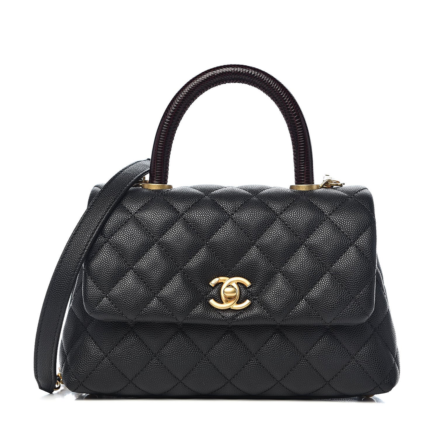 Caviar Lizard Embossed Quilted Mini Coco Handle Flap Black