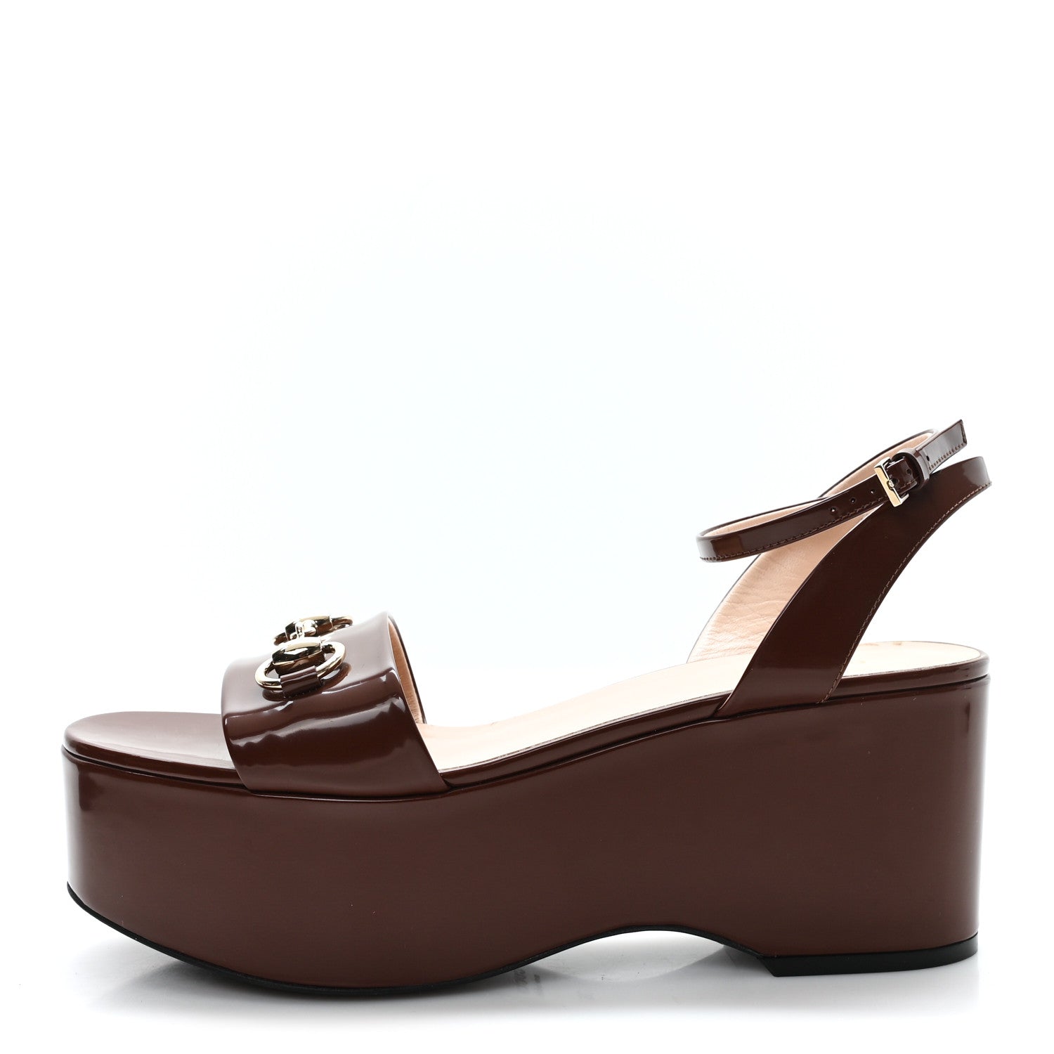 Gucci Patent Horsebit Ankle Strap 75mm Flatform Sandals 38 Burgundy 1 of 8
