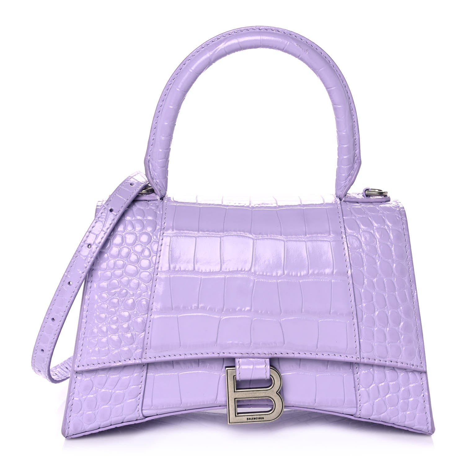 Balenciaga Shiny Calfskin Crocodile Embossed Small Hourglass Top Handle Bag Lilac 1 of 10