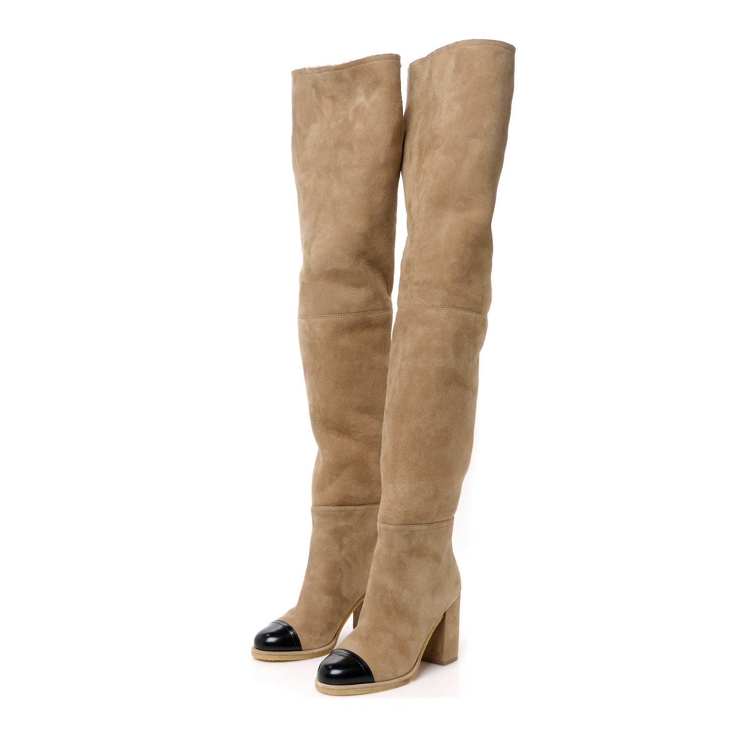 Chanel Shearling Sheepskin Shiny Calfskin Thigh Boots 38 Beige Black 3 of 8