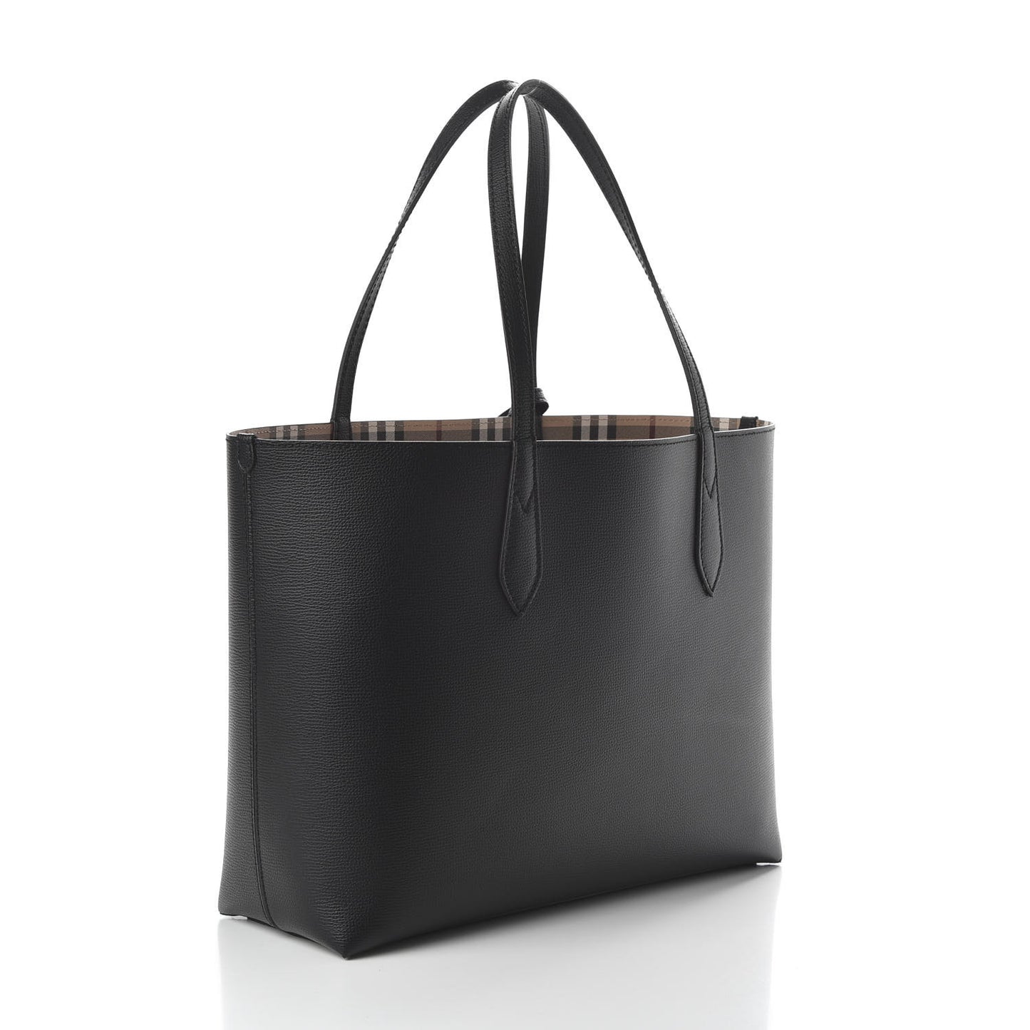 Grainy Calfskin Haymarket Check Medium Reversible Tote Black