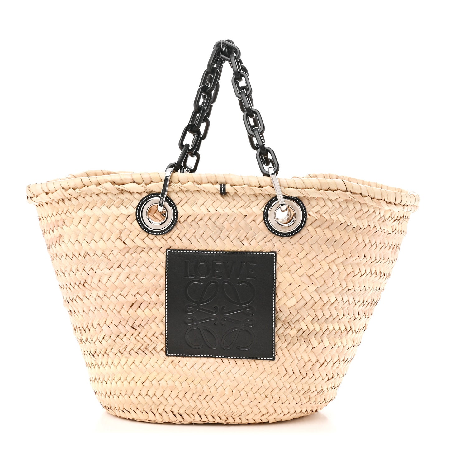 Raffia Calfskin Medium Chain Basket Tote Bag Natural Black