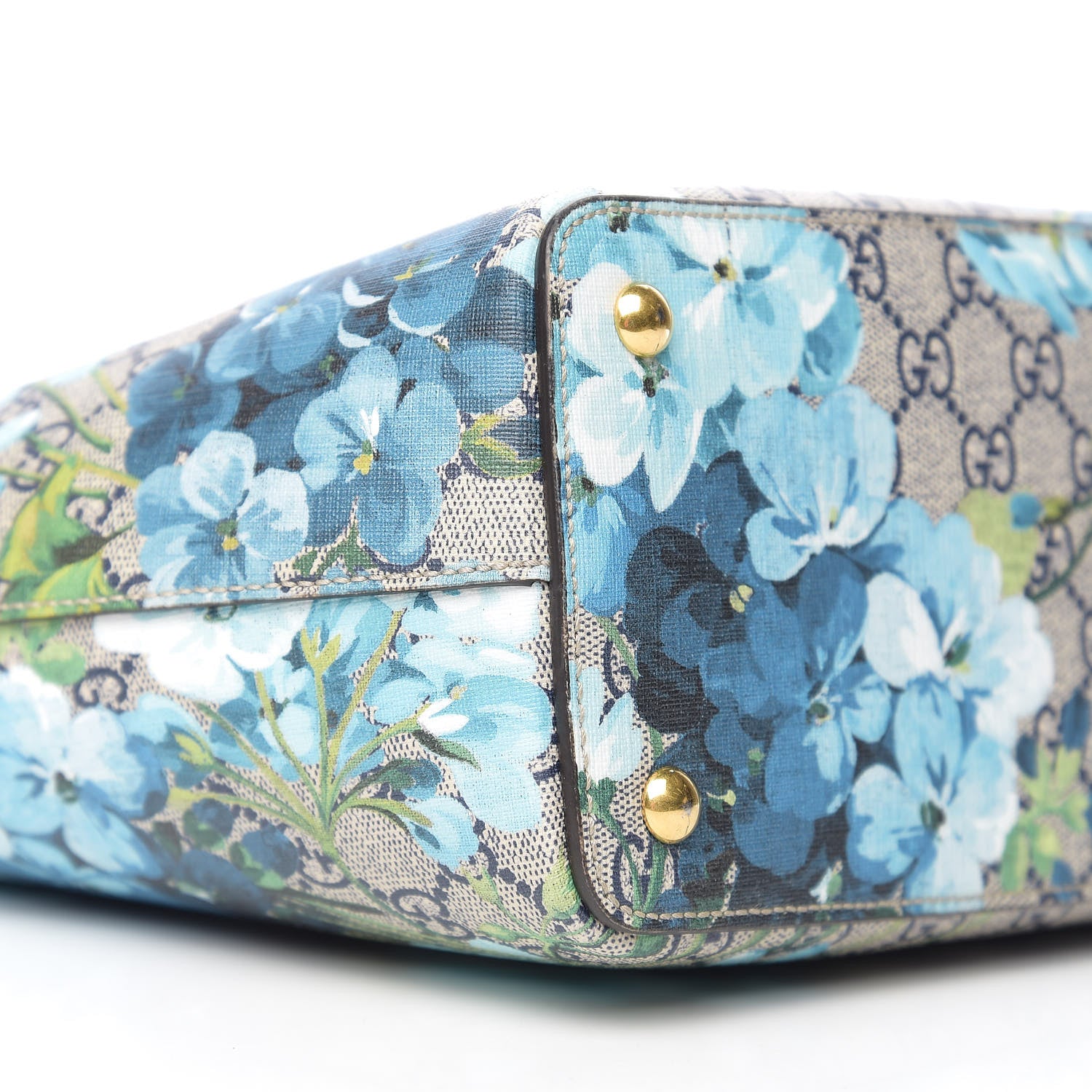 Gucci GG Supreme Monogram Blooms Medium Zippered Bucket Tote Beige Blue Navy Hibiscus Red 7 of 9