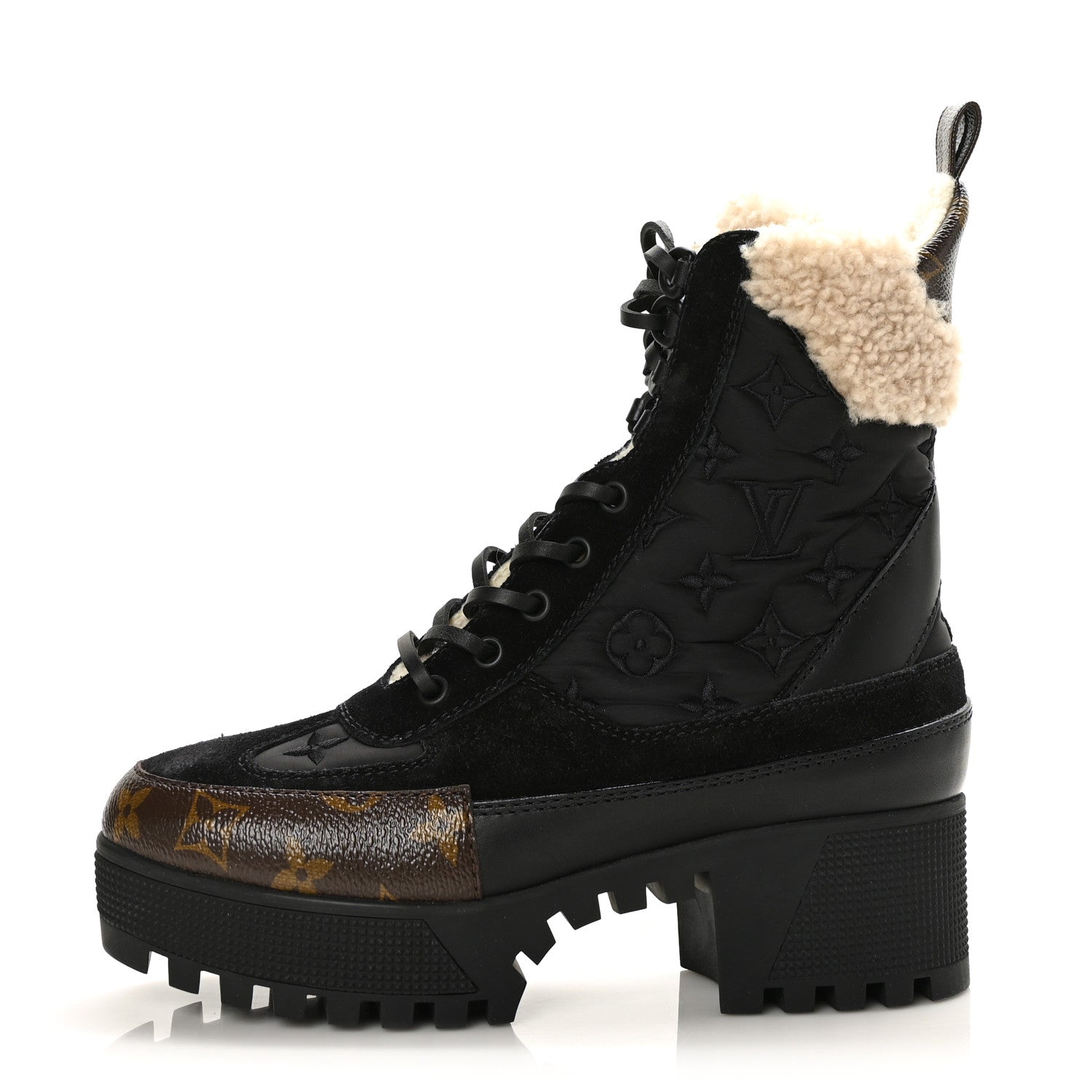 Louis Vuitton Nylon Suede Calfskin Shearling Monogram Laureate Platform Boots 37 Black 1 of 6