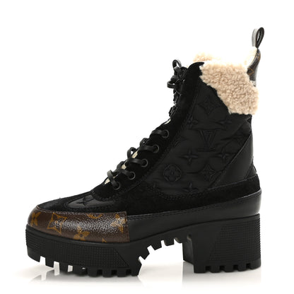 Louis Vuitton Nylon Suede Calfskin Shearling Monogram Laureate Platform Boots 37 Black 1 of 6