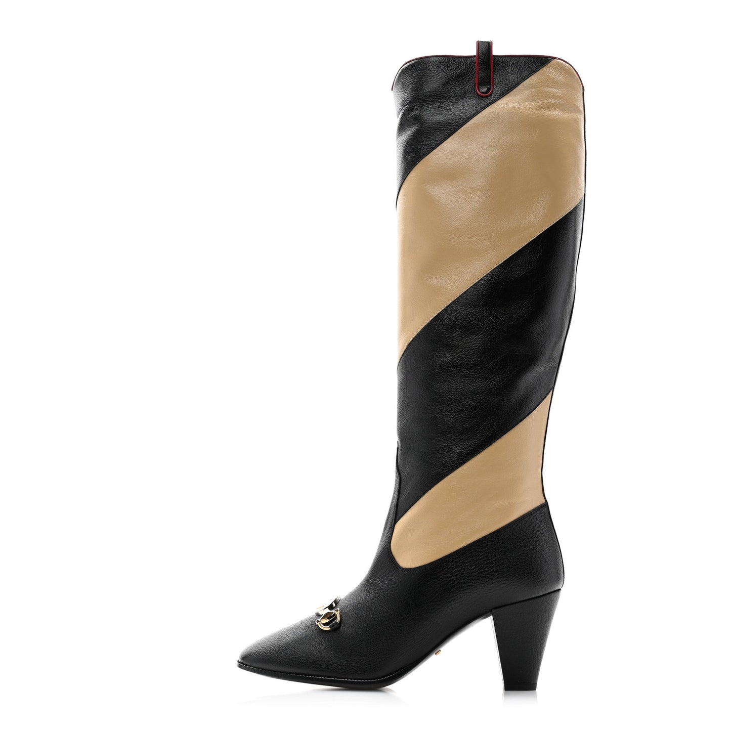 Calfskin Wrinkled Kid Diagonal Striped Zumi Knee Boots 38.5 Black Beige Romantic Cherry
