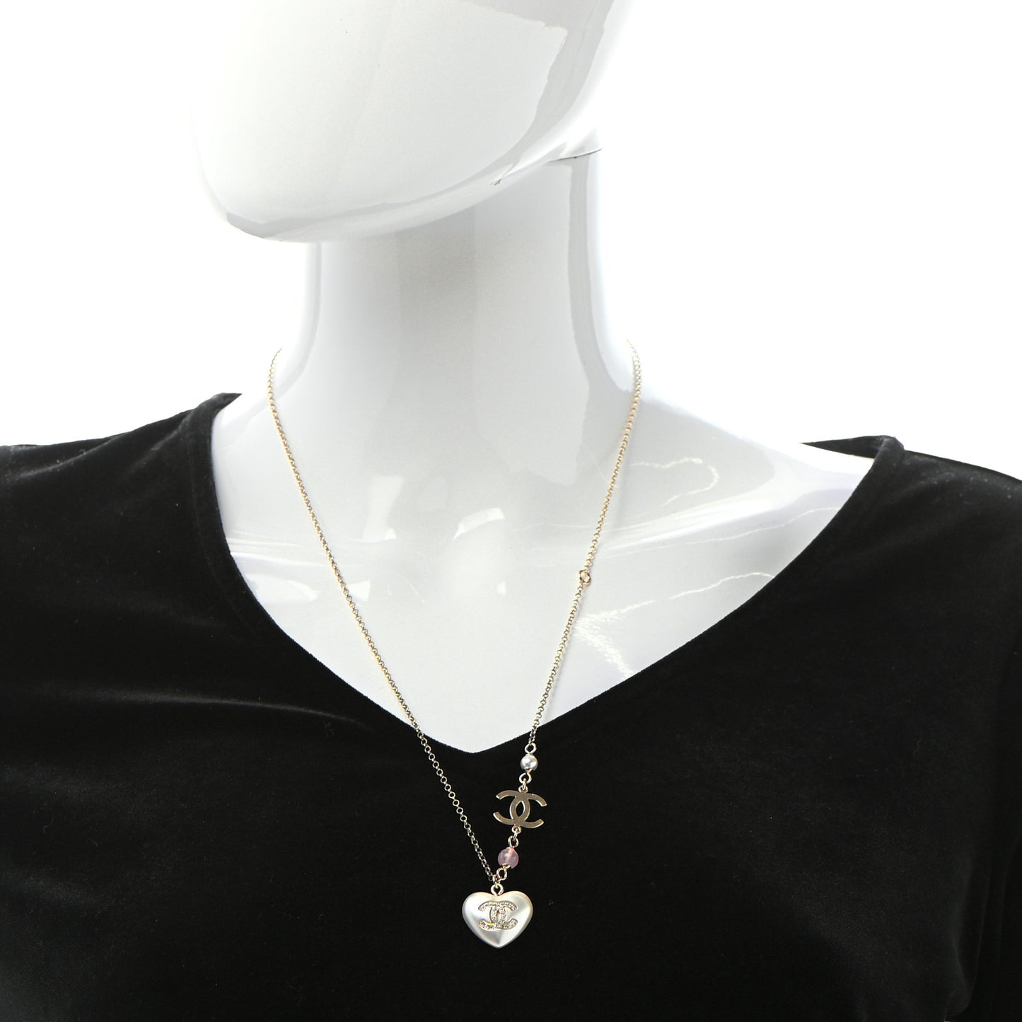 Resin Crystal CC Heart Necklace Pearly White Gold