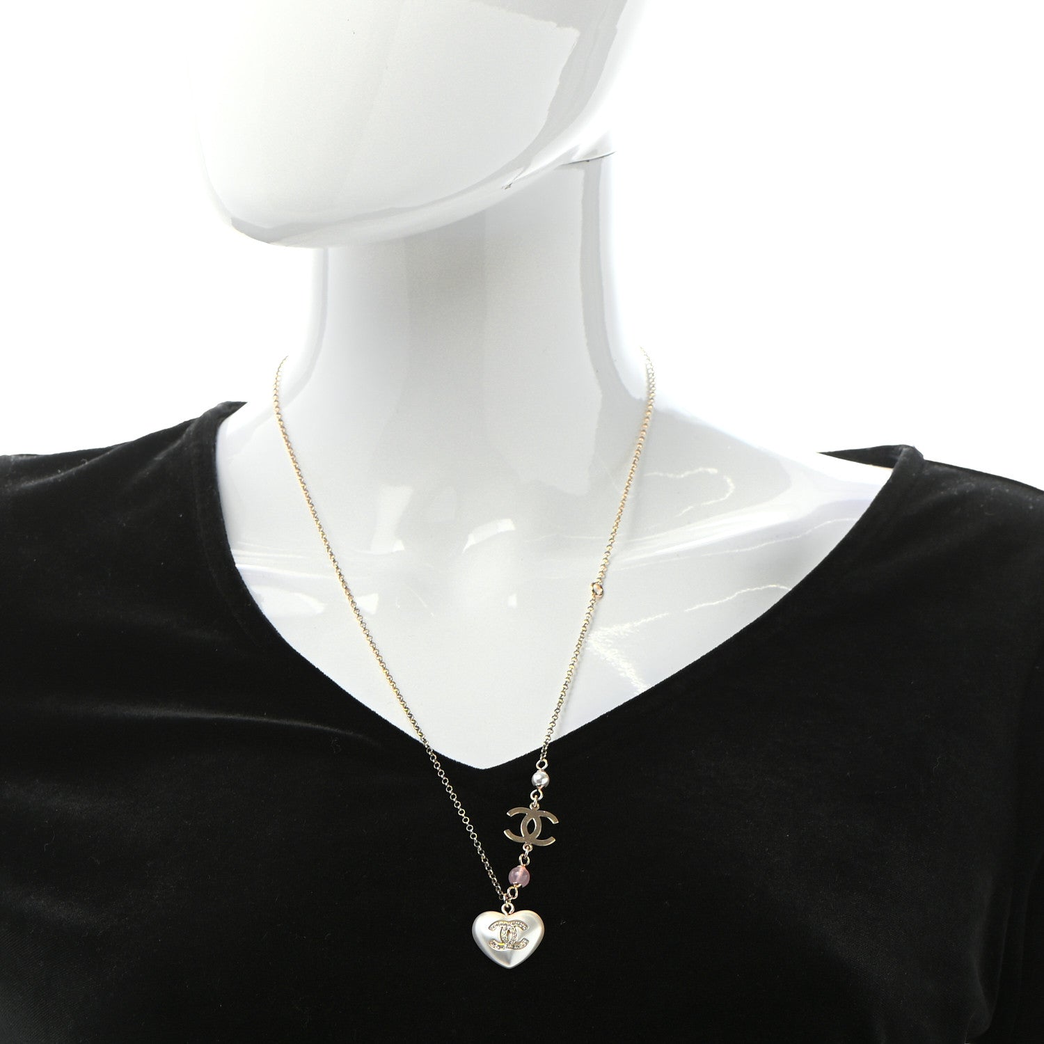 Chanel Resin Crystal CC Heart Necklace Pearly White Gold 2 of 6