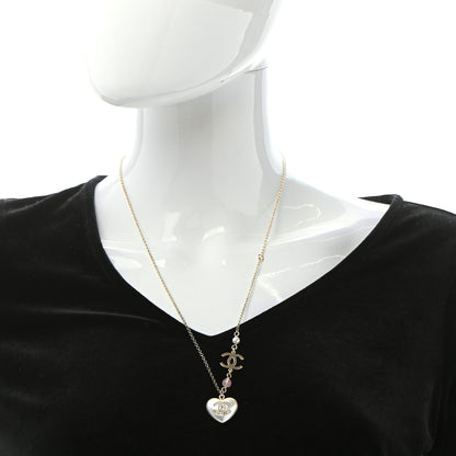 Chanel Resin Crystal CC Heart Necklace Pearly White Gold 2 of 6