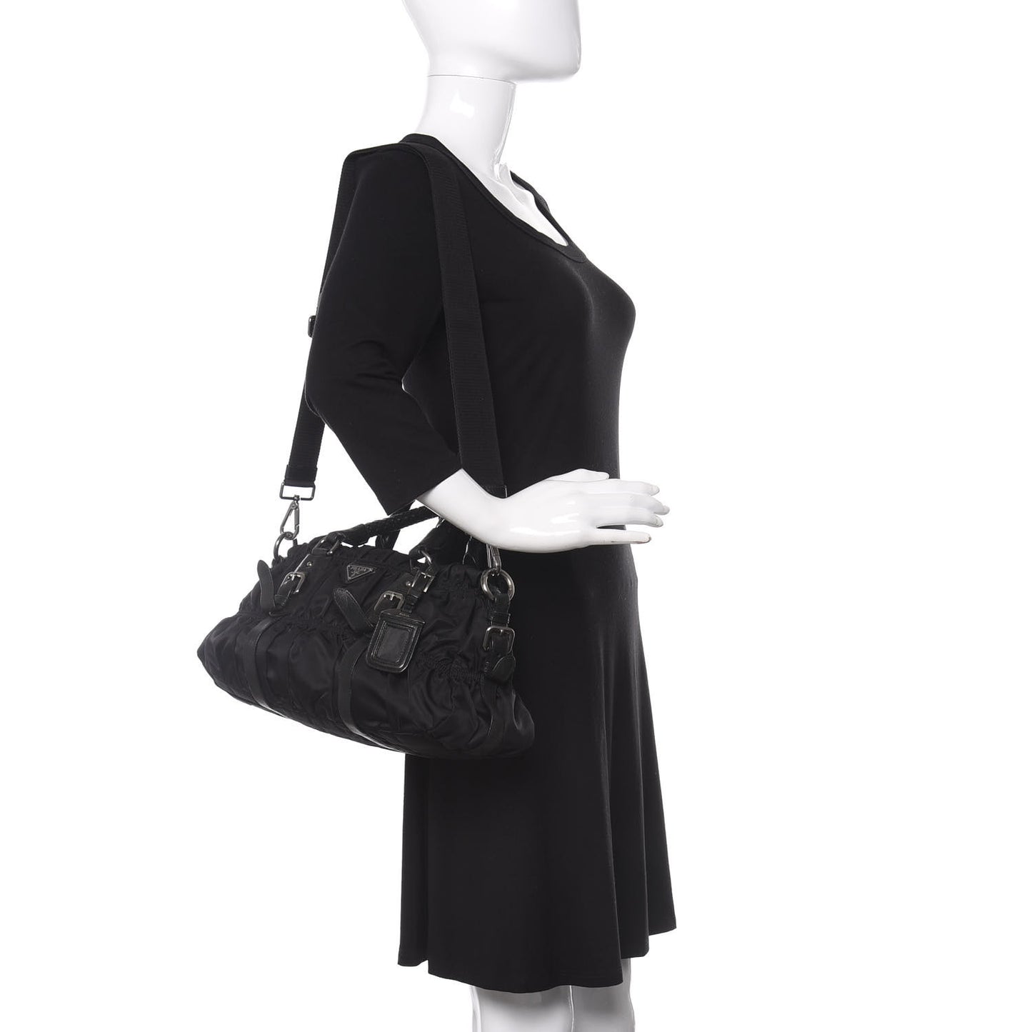 Tessuto Nylon Nappa Braided Gaufre Shoulder Bag Black