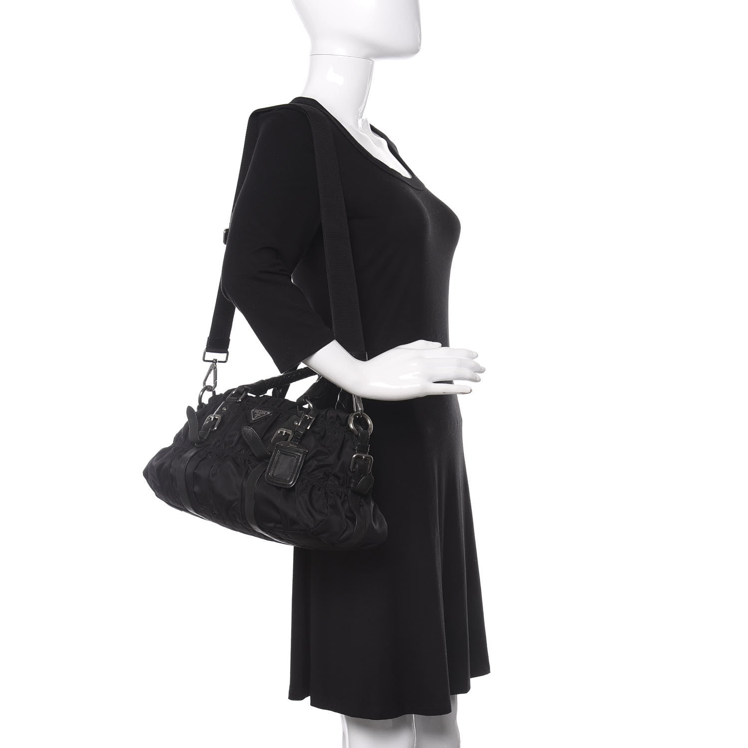 Prada Tessuto Nylon Nappa Braided Gaufre Shoulder Bag Black 2 of 9
