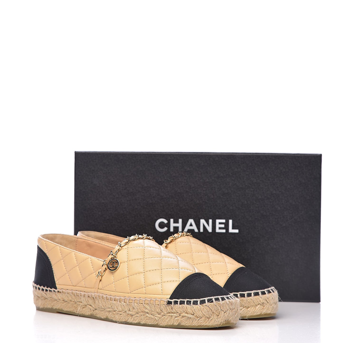 Lambskin Grosgrain Quilted CC Chain Espadrilles 39 Beige Black