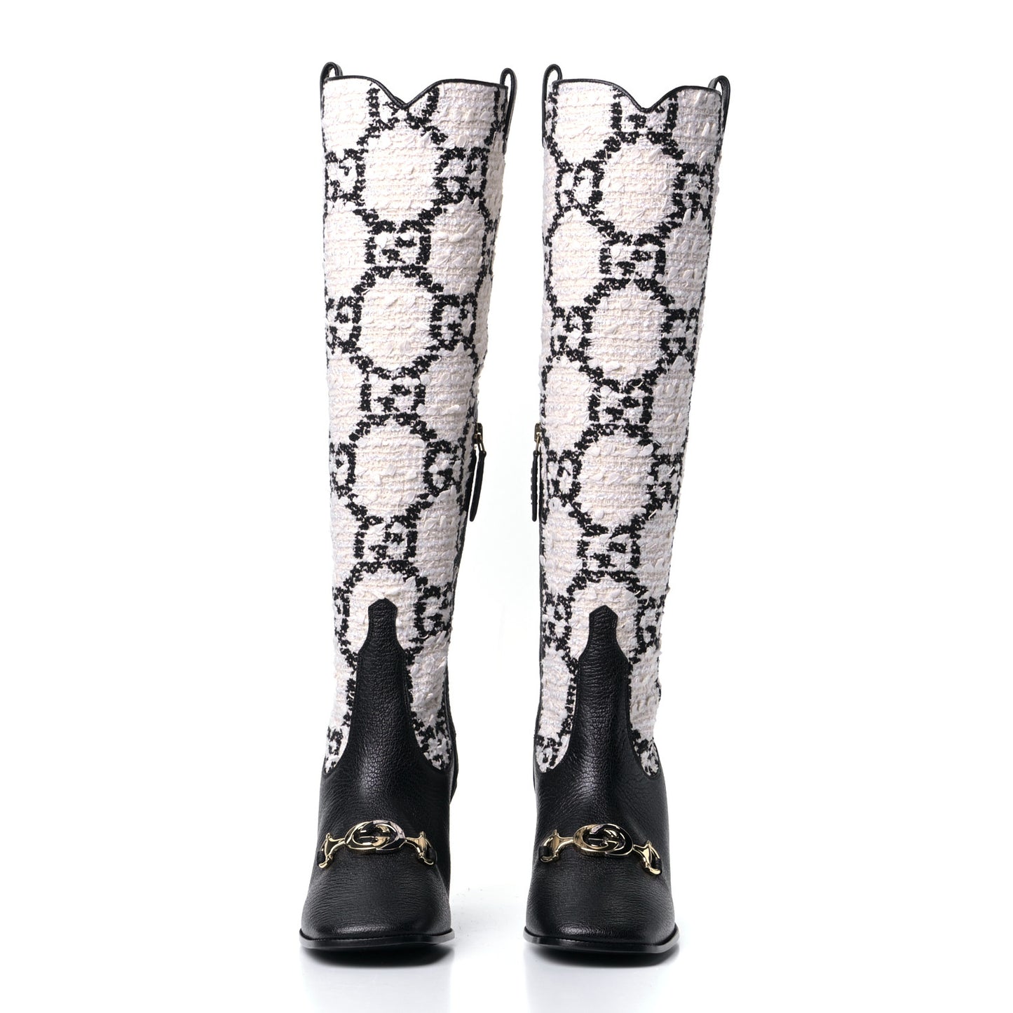 Tweed GG Monogram Wrinkled Kid Zumi Knee Boots 37 Natural Black