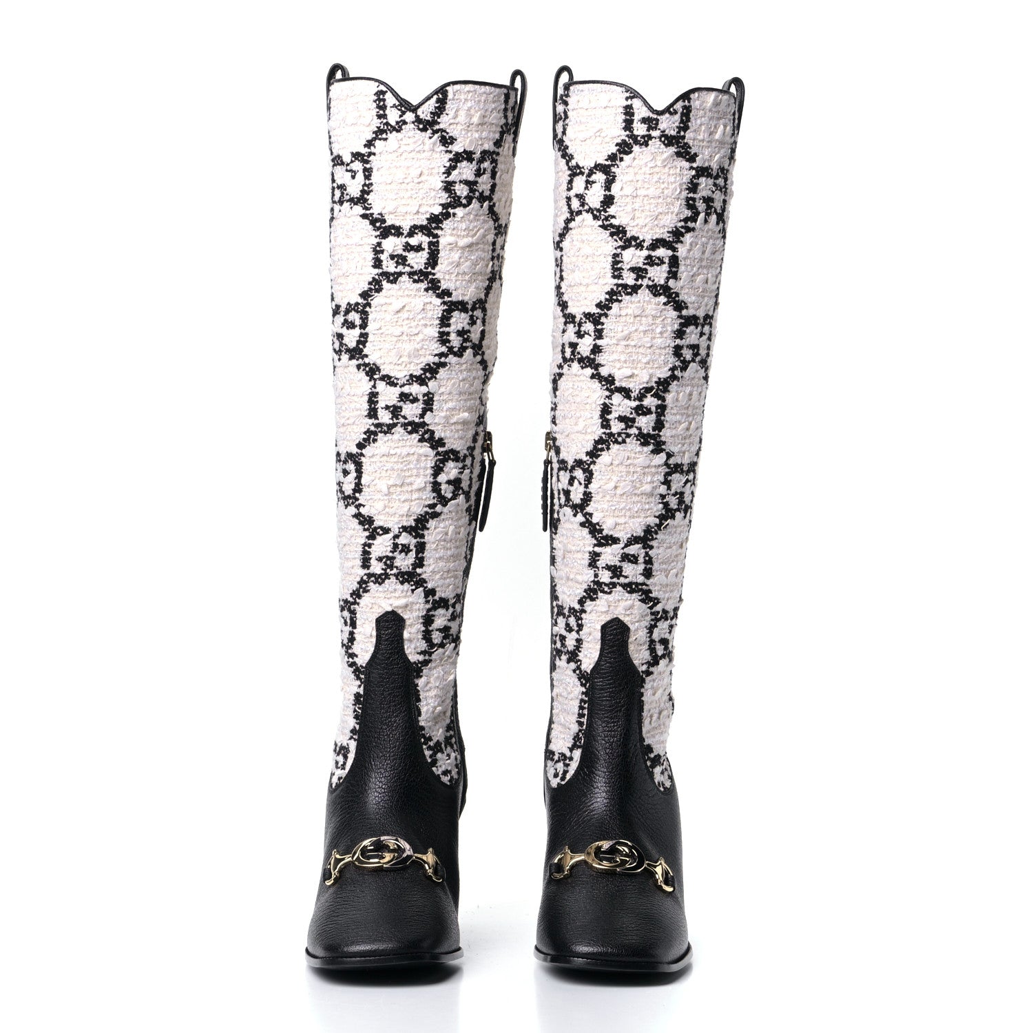 Gucci Tweed GG Monogram Wrinkled Kid Zumi Knee Boots 37 Natural Black 4 of 7