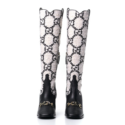 Gucci Tweed GG Monogram Wrinkled Kid Zumi Knee Boots 37 Natural Black 4 of 7