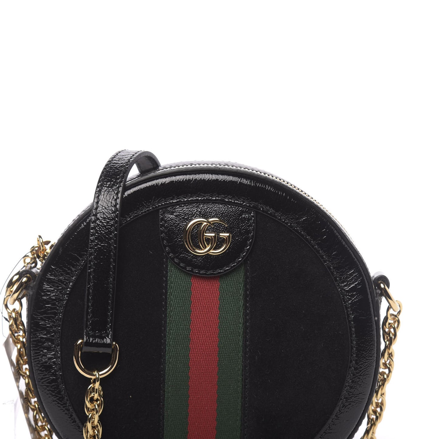 Suede Patent Web Mini Ophidia Round Shoulder Bag Black