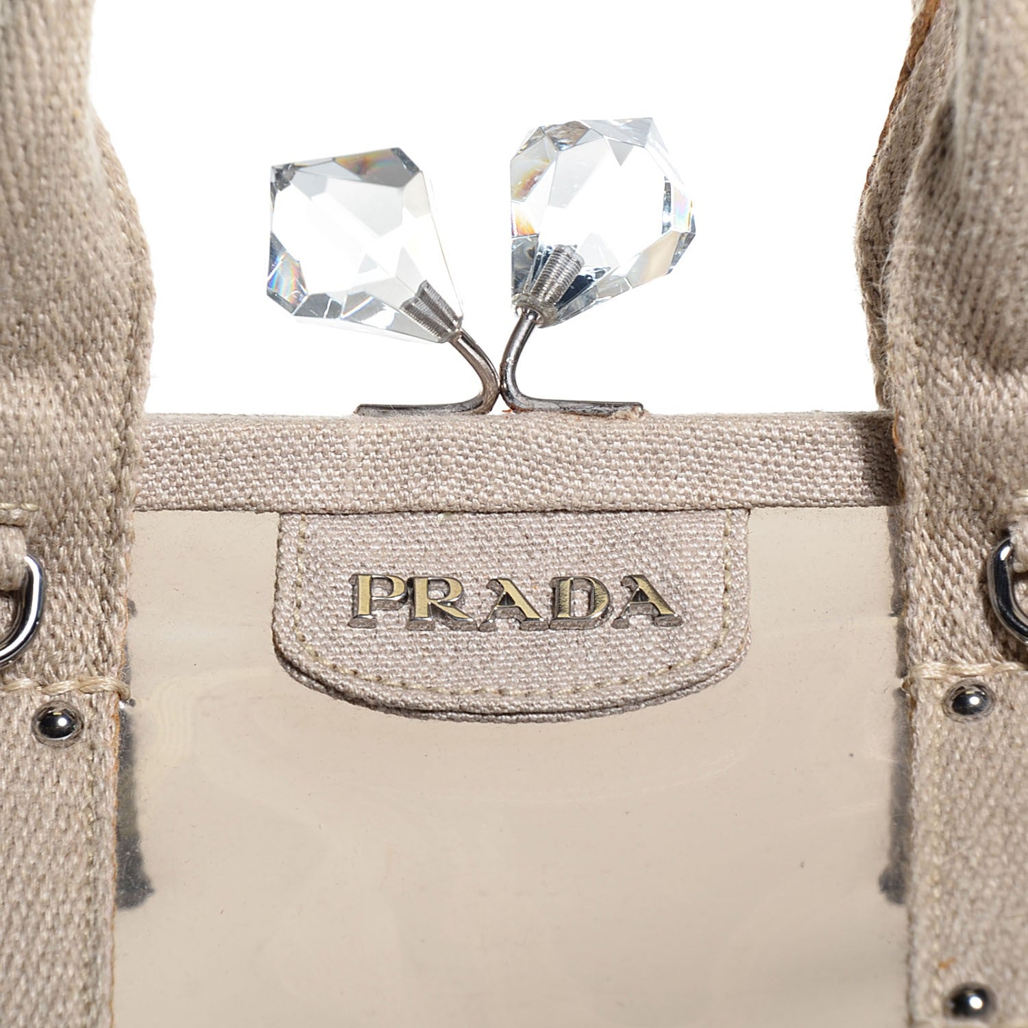 Prada Canvas Plexiglass Frame Crystal Kiss Lock Bag Naturale 10 of 10