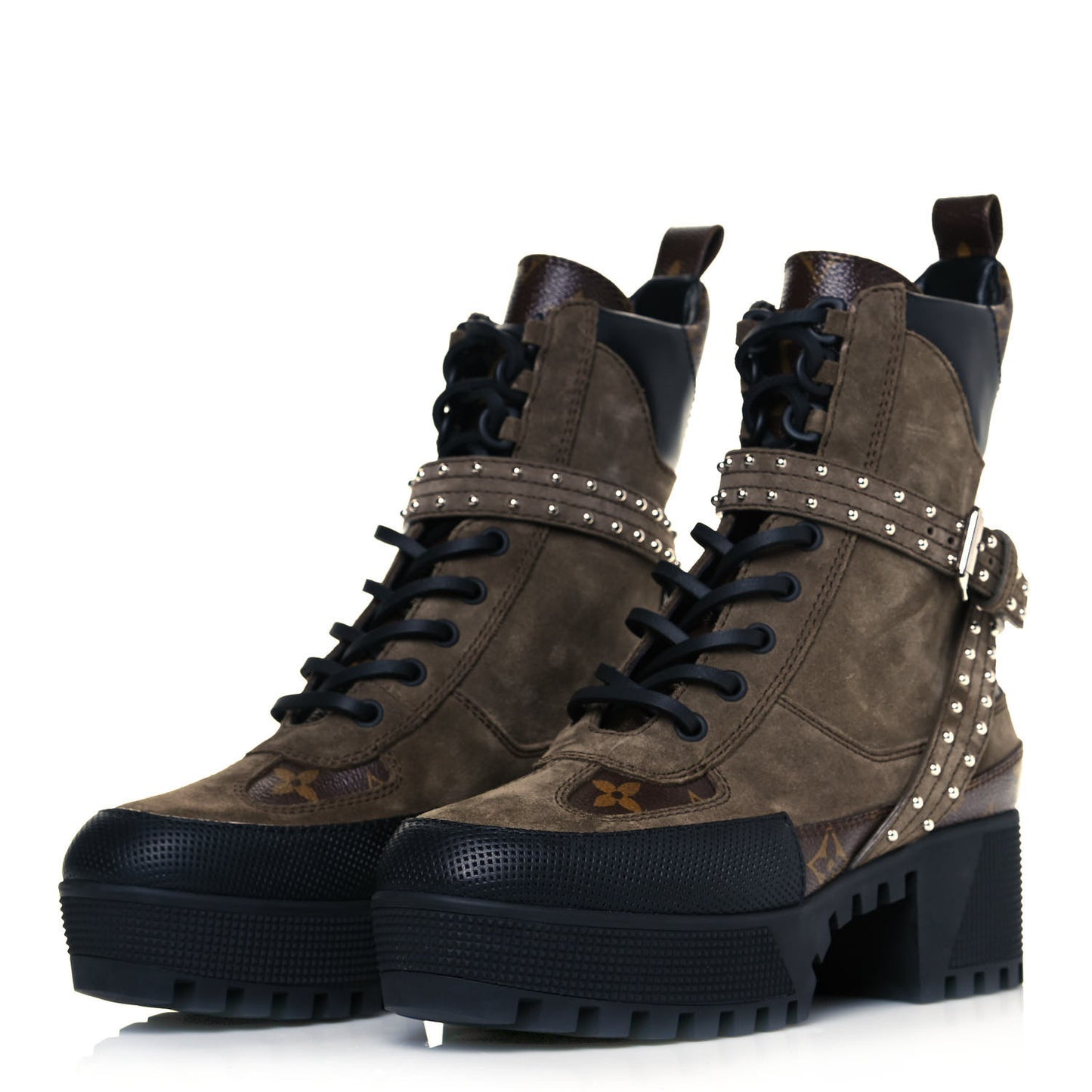 Suede Calfskin Monogram Laureate Platform Desert Boots 36 Kaki