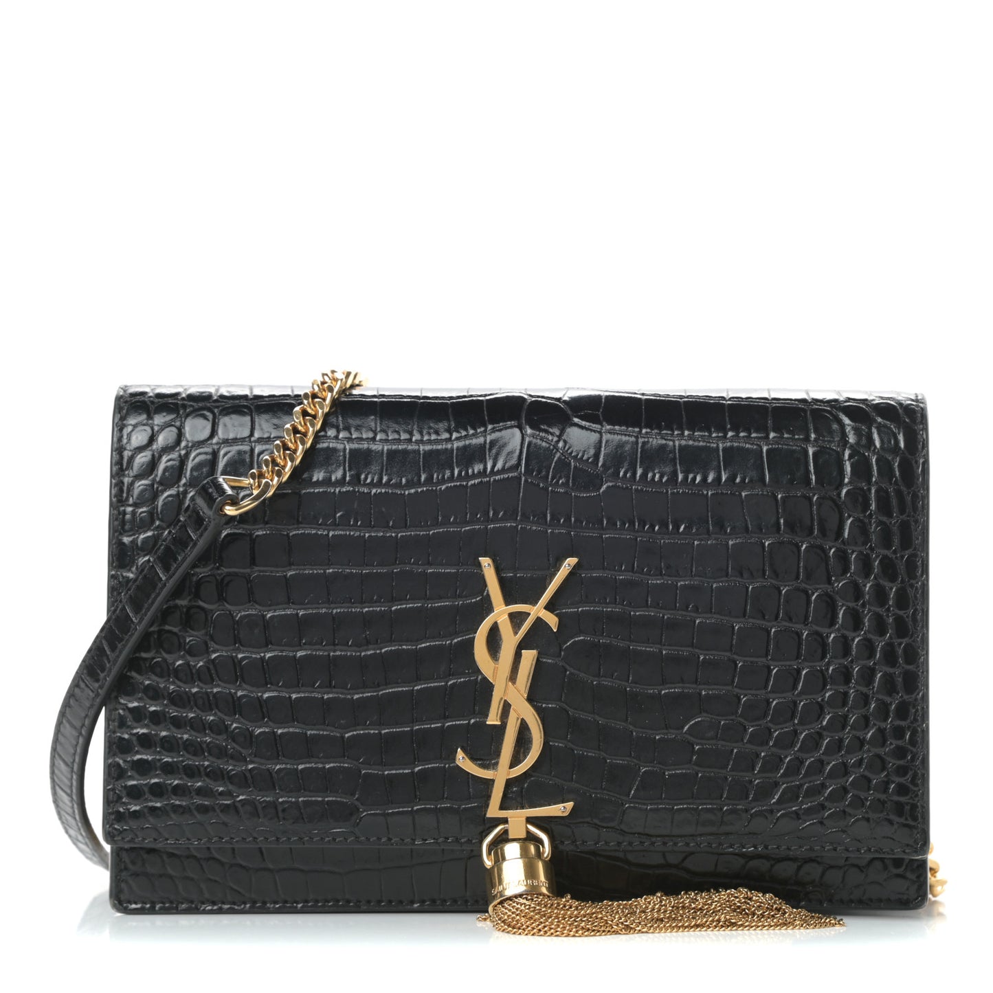 Calfskin Crocodile Embossed Kate Monogram Tassel Chain Wallet Black