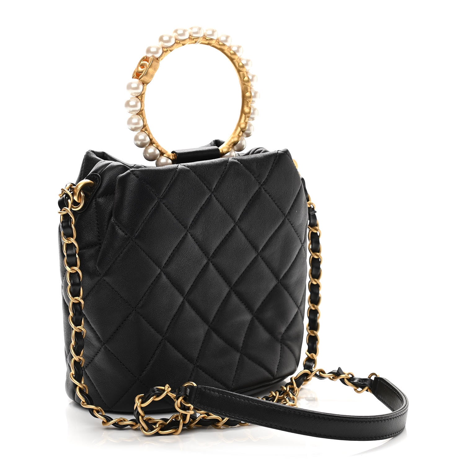 Chanel Lambskin Quilted Pearl Crown Drawstring Bag Black 3 of 11
