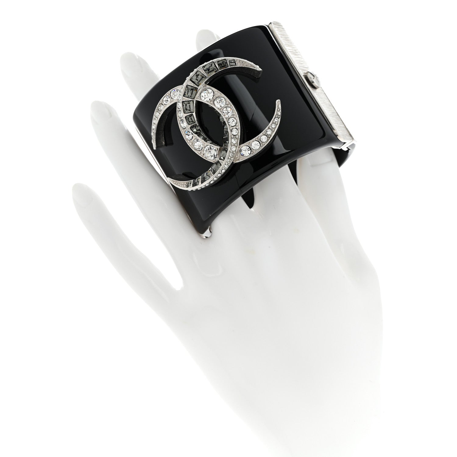 Chanel Resin Baguette Crystal Dubai CC Cuff Bracelet Black Silver 2 of 6