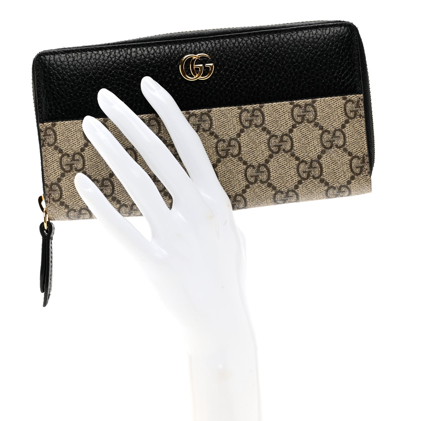 Dollar Calfskin GG Supreme Monogram GG Marmont Zip Around Wallet Black Beige Ebony