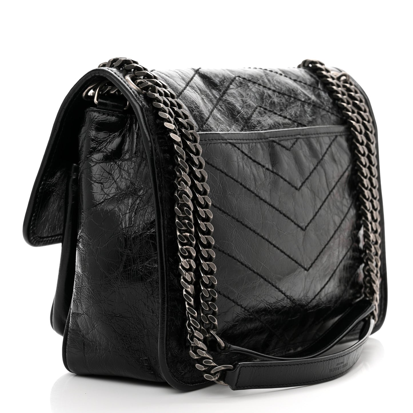 Crinkled Calfskin Matelasse Monogram Medium Niki Chain Satchel Black