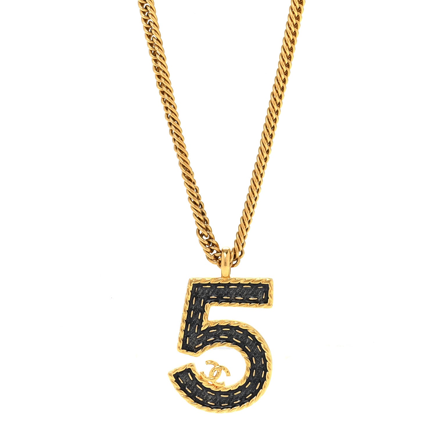 Chanel Metal Enamel Denim CC No 5 Necklace Gold Blue 1904935