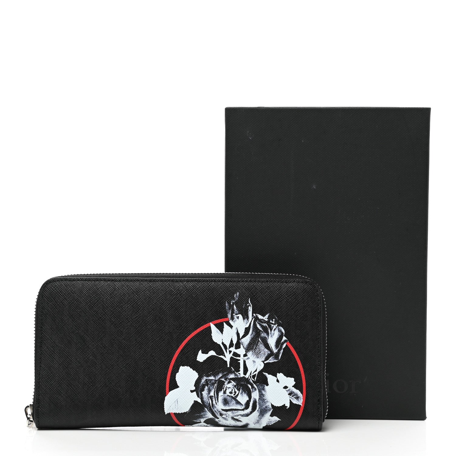 Christian Dior Grained Calfskin Rose Print Voyageur Zip Around Wallet Black Multicolor 8 of 8