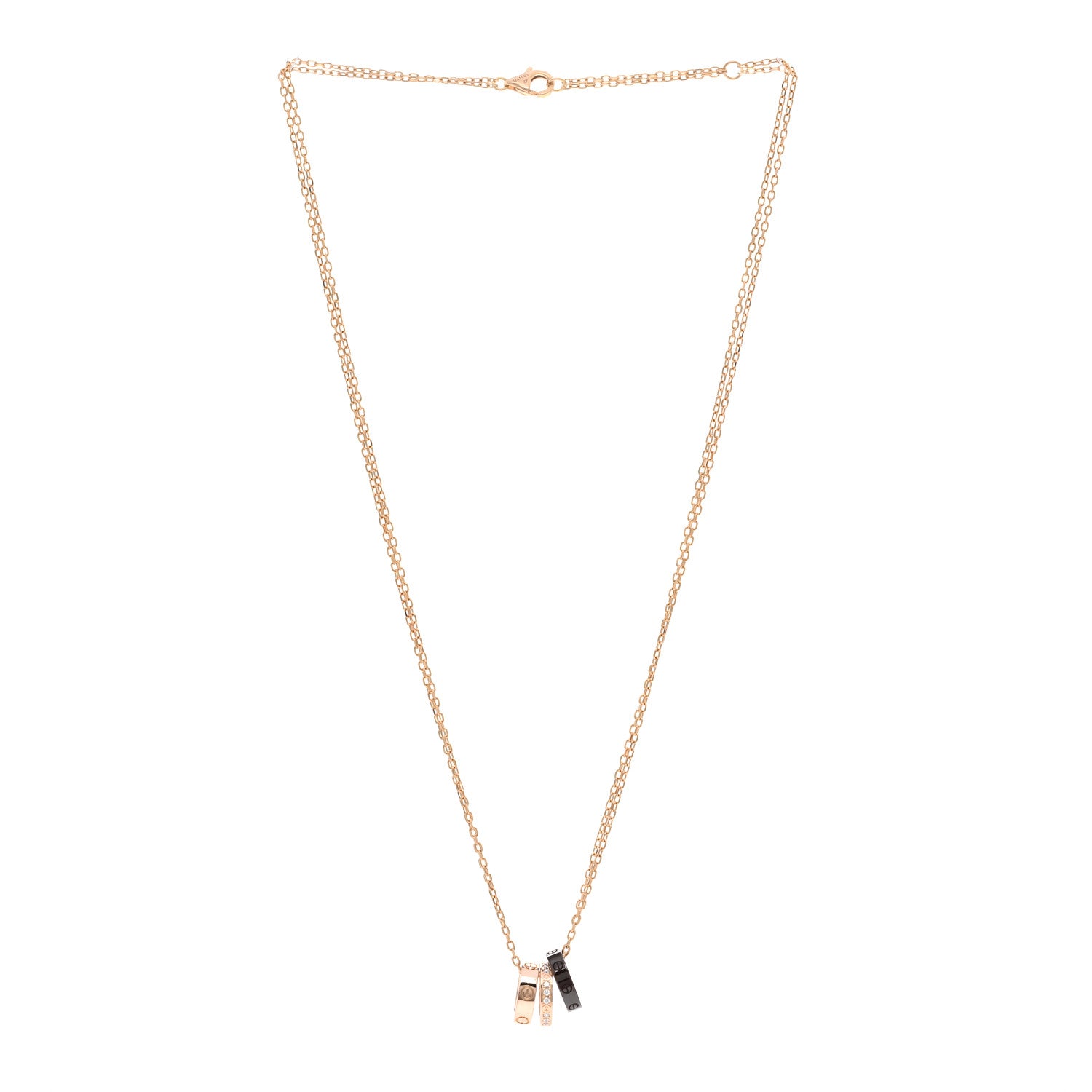 Cartier 18K Pink Gold Ceramic Diamond Three Ring LOVE Pendant Necklace 3 of 4