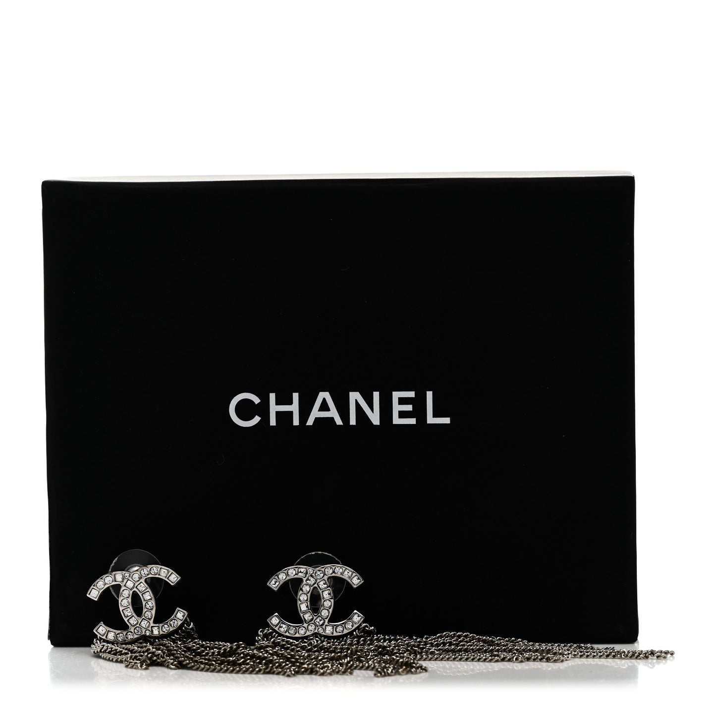 Baguette Crystal CC Chain Drop Earrings Silver