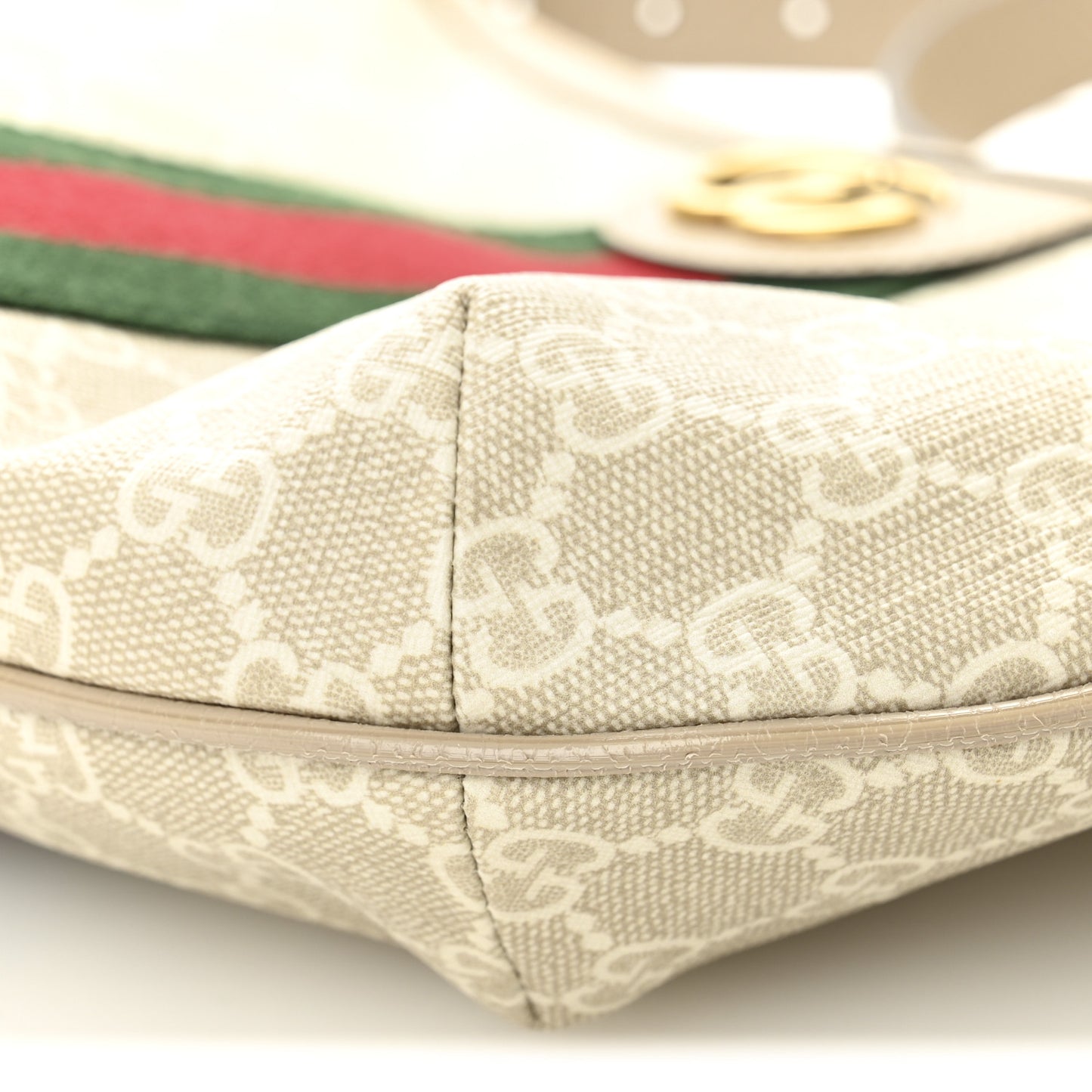 GG Supreme Monogram Textured Dollar Calfskin Web Small Ophidia Half Moon Hobo Beige Mystic White Oatmeal