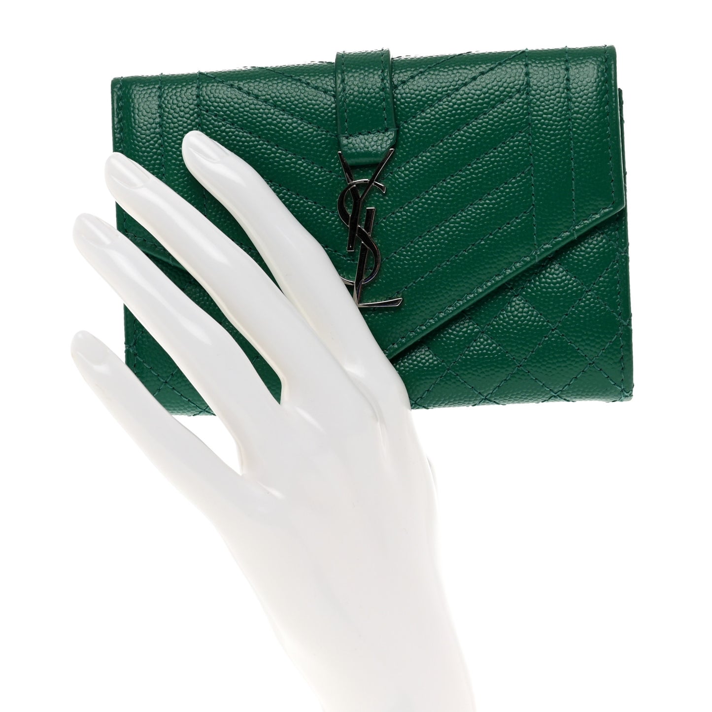 Grain De Poudre Textured Mixed Matelasse Triquilt Small Monogram Envelope Wallet Green
