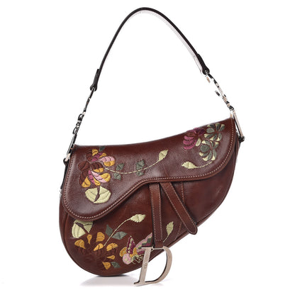 Christian Dior Calfskin Embroidered Romantic Flowers Saddle Bag Brown 1 of 9