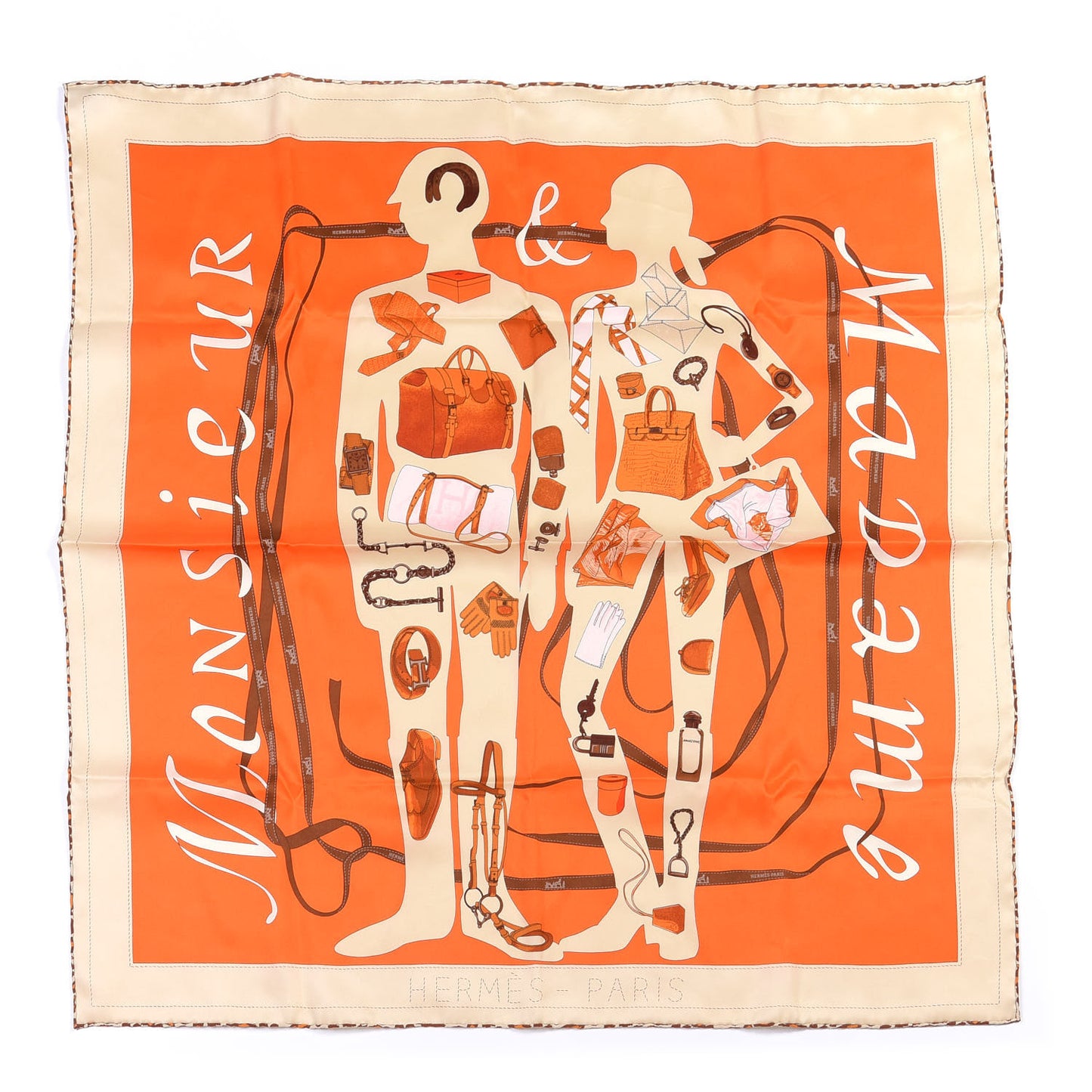 Vintage Silk Monsieur Et Madame Scarf 70 Creme Orange Marron