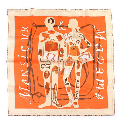 Hermes Vintage Silk Monsieur Et Madame Scarf 70 Creme Orange Marron 1 of 4