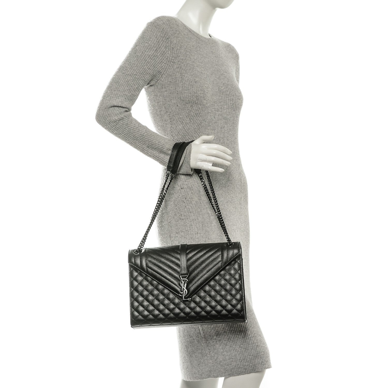 Saint Laurent Grain De Poudre Textured Mixed Matelasse Large Triquilt Monogram Monochrome Satchel Black 2 of 7