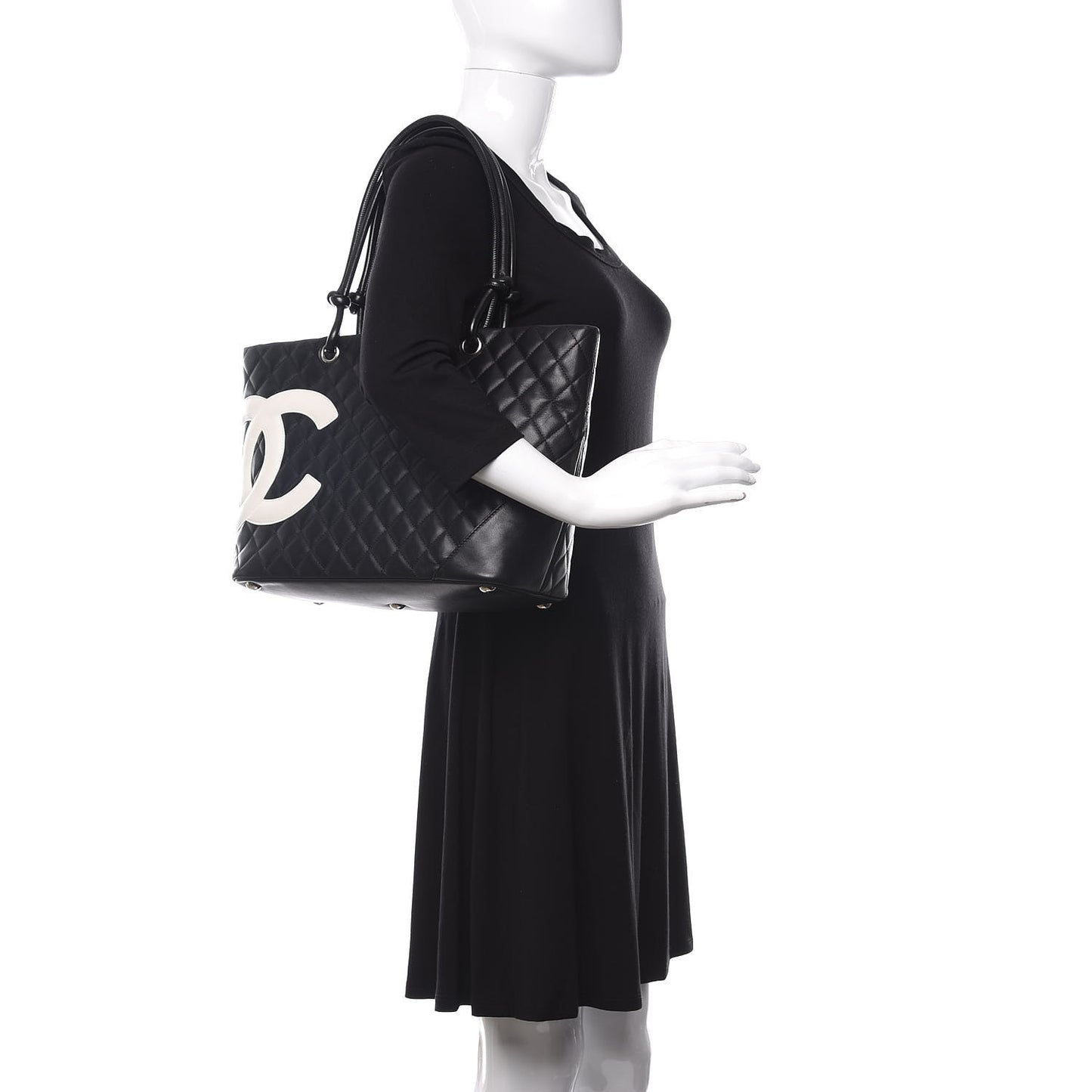 Calfskin Quilted Large Cambon Tote Black White