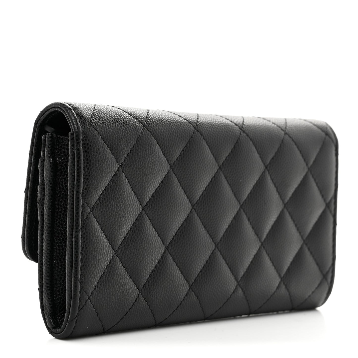 Caviar Quilted Crystal CC Large Gusset Flap Wallet Black