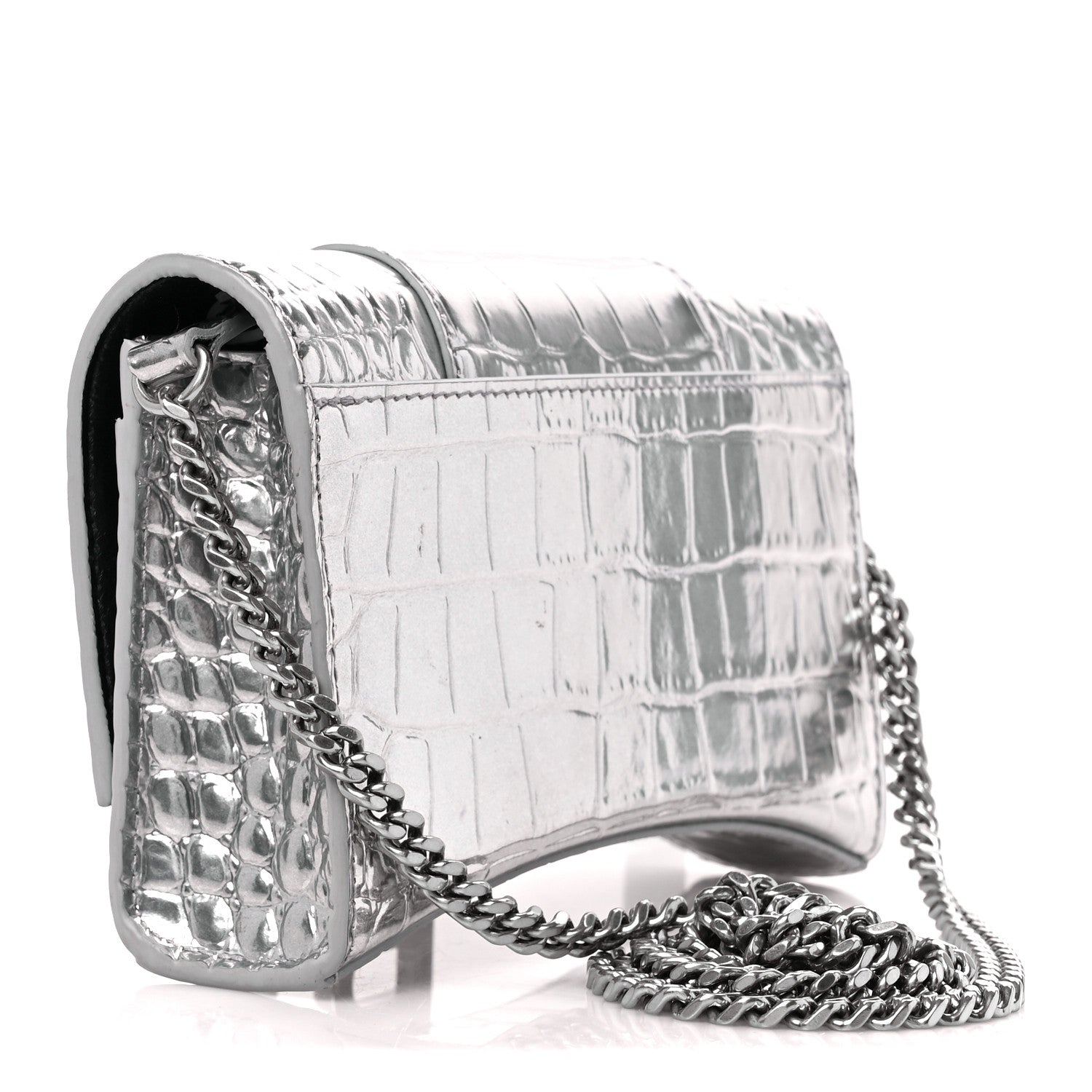 Balenciaga Metallic Calfskin Crocodile Embossed Hourglass Chain Bag Silver 3 of 11