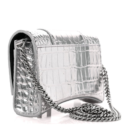 Balenciaga Metallic Calfskin Crocodile Embossed Hourglass Chain Bag Silver 3 of 11