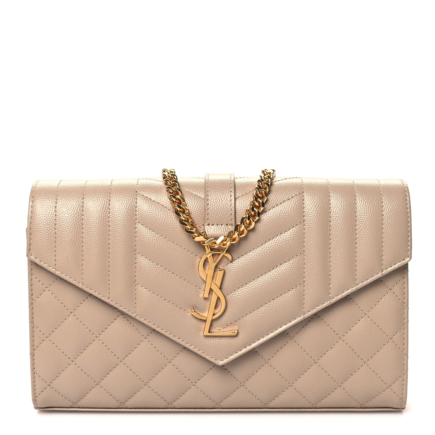 Saint Laurent Grain De Poudre Mixed Matelasse Triquilt Monogram Chain Wallet Dark Beige 1 of 12