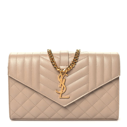 Saint Laurent Grain De Poudre Mixed Matelasse Triquilt Monogram Chain Wallet Dark Beige 1 of 12