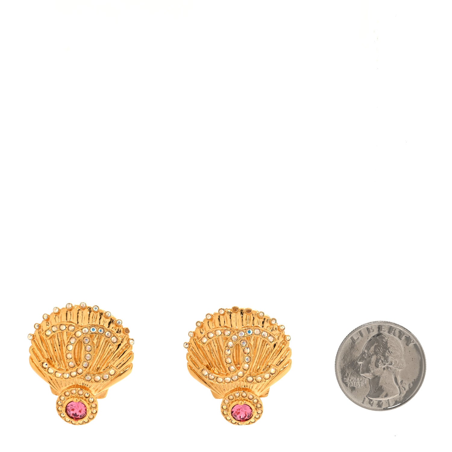 Chanel Metal Crystal CC Shell Clip On Earrings Gold Pink Multicolor 2 of 6