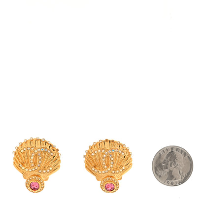 Chanel Metal Crystal CC Shell Clip On Earrings Gold Pink Multicolor 2 of 6