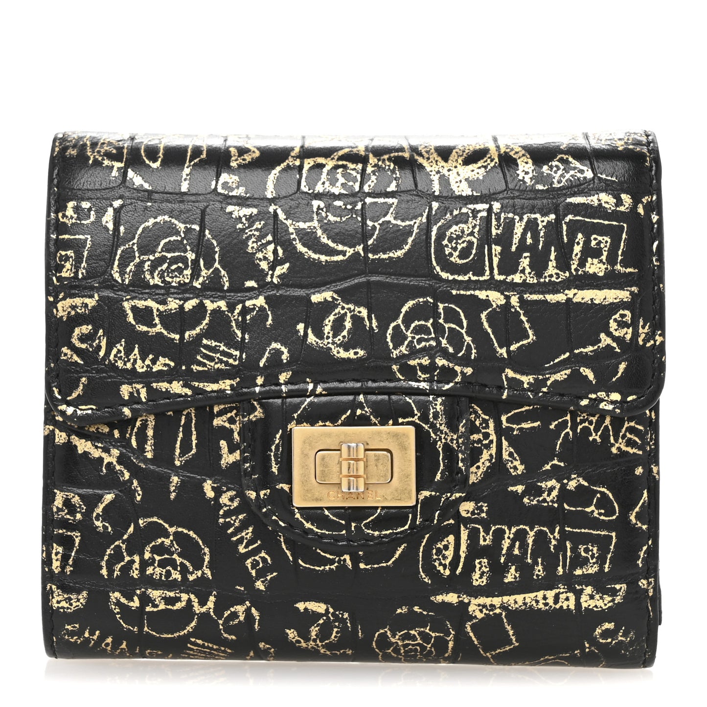 Calfskin Crocodile Embossed Graffiti 2.55 Cocodile Reissue Compact Wallet Black Gold