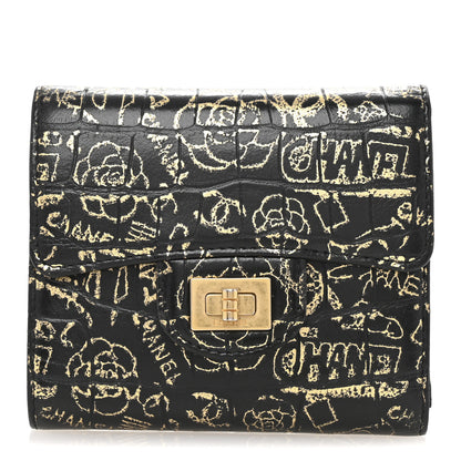 Chanel Calfskin Crocodile Embossed Graffiti 2.55 Cocodile Reissue Compact Wallet Black Gold 1 of 5