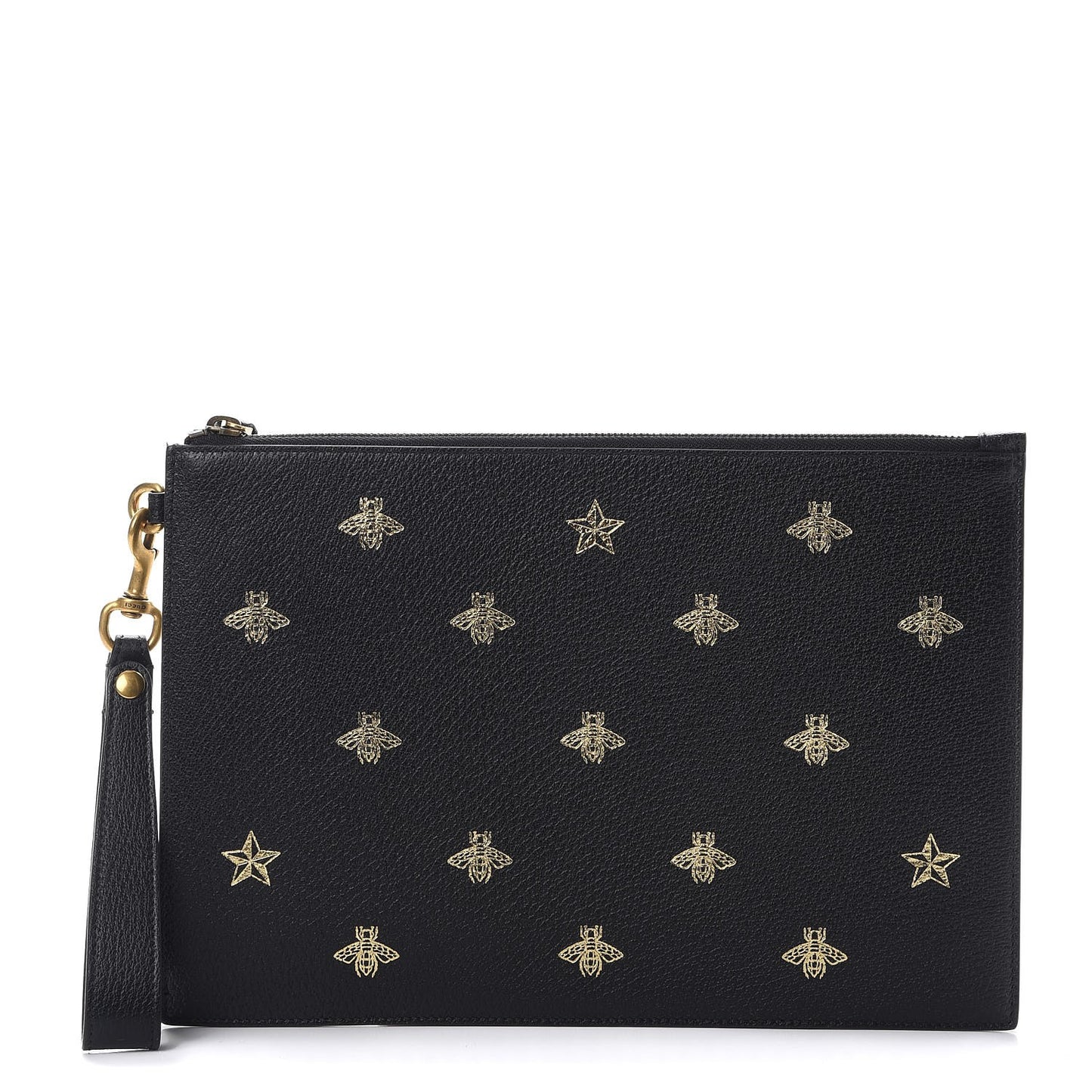 Dollar Calfskin Boar Effect Bee Star Zip Wristlet Pouch Black